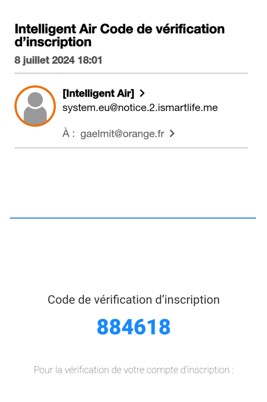 Ecran de l'application mobile Intelligent Air - r&eacute;ception du code de v&eacute;rification