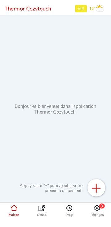 Ecran de l'application mobile Cozytouch - Bonjour et bienvenue dans l'application Thermor Cozytouch / Cliquer sur le plus