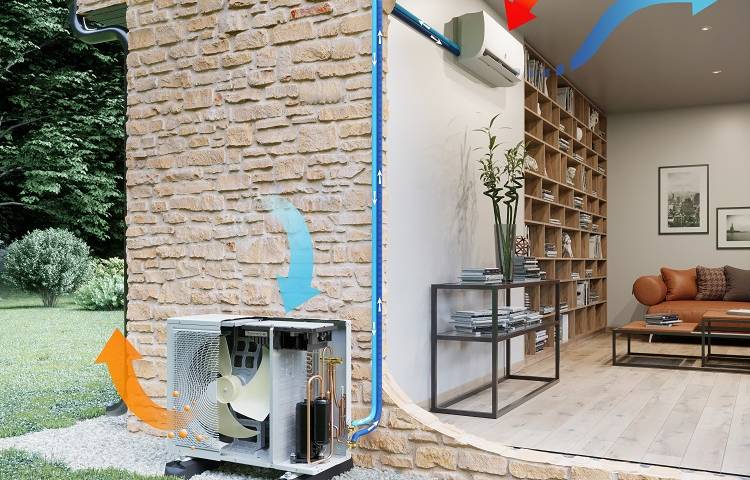 Sch&eacute;ma de fonctionnement d'une pompe &agrave; chaleur air-air en mode froid