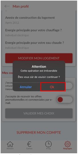 Ecran de l'application mobile Cozytouch - Message d'alerte, cliquer sur Ok