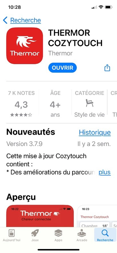Ecran de l'App-store sur la page de l'application Cozytouch