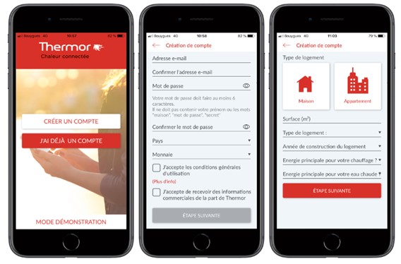 Ecran de l'application mobile Cozytouch - cr&eacute;ation de compte en 3 &eacute;crans