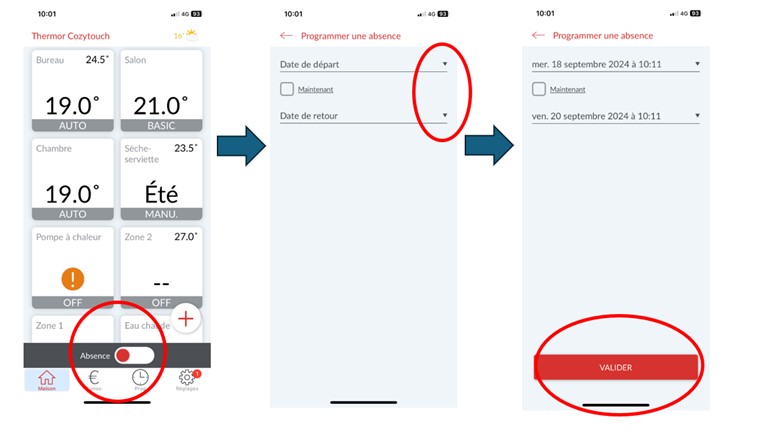 Ecran de l'application mobile Cozytouch - 3 &eacute;crans / mode absence / programmer une absence / valider