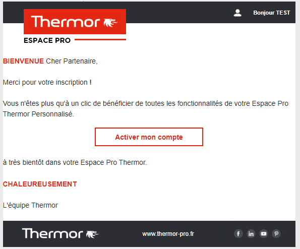 Capture du mail d'activation Thermor Pro