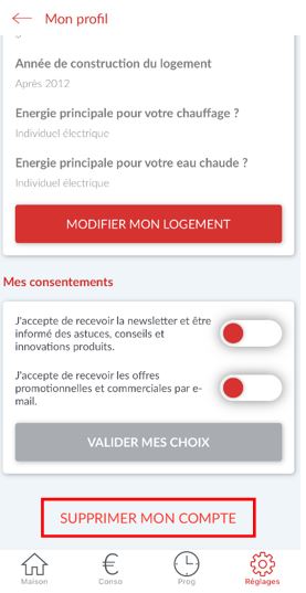 Ecran de l'application mobile Cozytouch - Mon compte / supprimer mon compte