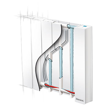 Vue en coupe d'un radiateur &agrave; fluide caloporteur