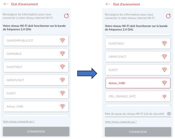 Ecran de l'application mobile Cozytouch - S&eacute;lection du r&eacute;seau wifi