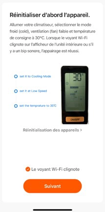 Ecran de l'application mobile Intelligent Air - r&eacute;initialisation de l'appareil