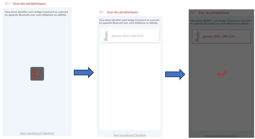 Ecran de l'application mobile Cozytouch - Parcours de scan des p&eacute;riph&eacute;riques