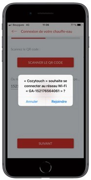 Ecran de l'application mobile Cozytouch - Rejoindre le r&eacute;seau wifi
