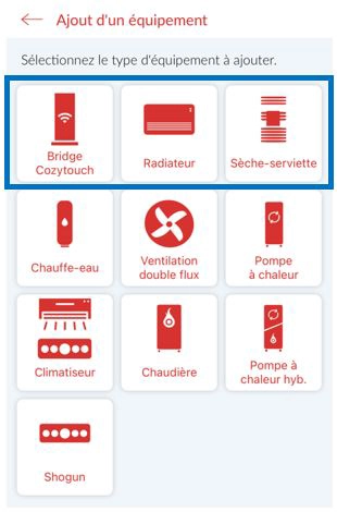 Ecran de l'application mobile Cozytouch - choix de l'&eacute;quipement