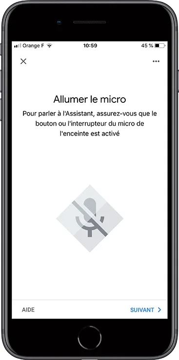 Ecran de l'application mobile Google Home - Allumer le micro