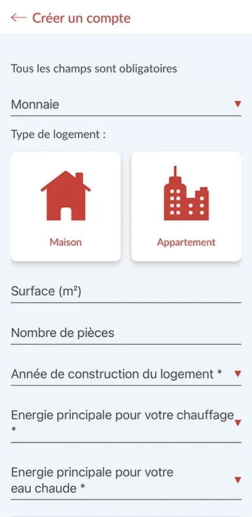 Ecran de l'application mobile Cozytouch - Renseigner votre type de logement