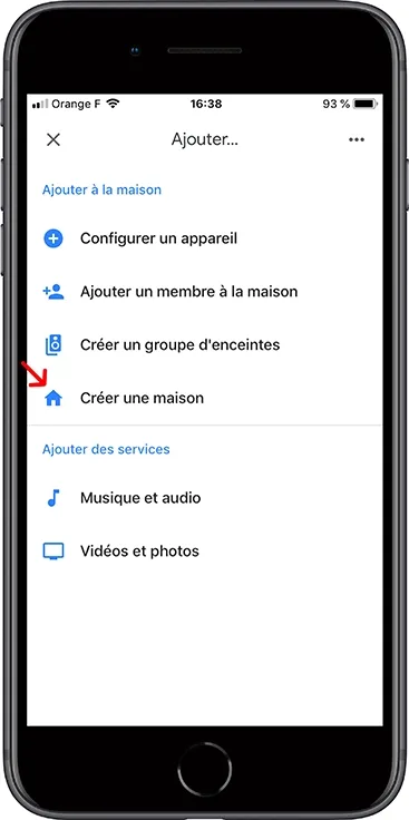Ecran de l'application mobile Google Home - cr&eacute;er une maison