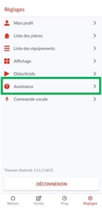 Ecran de l'application mobile Cozytouch - Cliquer sur Assistance