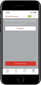 Ecran de l'application mobile Cozytouch - Votre installation est actuellement en mode absence / modifier / je suis de retour