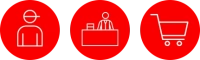 3 pictogrammes : personnage avec casquette, personnage derri&egrave;re un bureau et charriot de courses