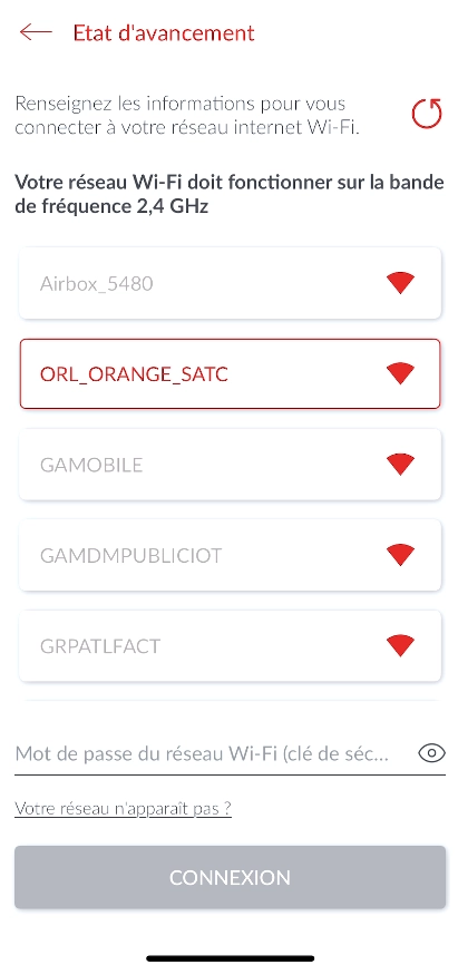 Ecran de l'application mobile Cozytouch - Etat d'avancement wifi