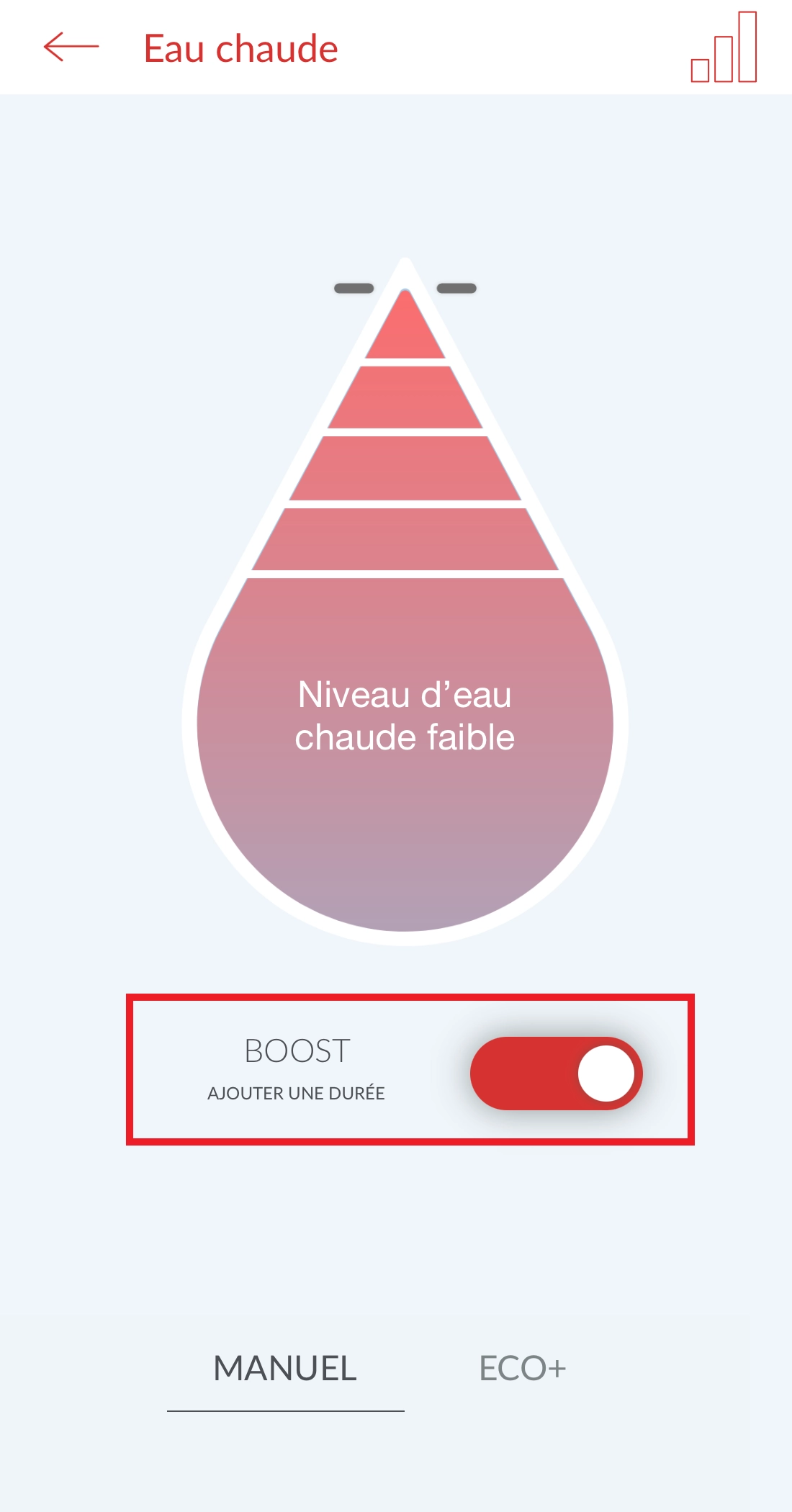 Ecran de l'application mobile Cozytouch - mode boost