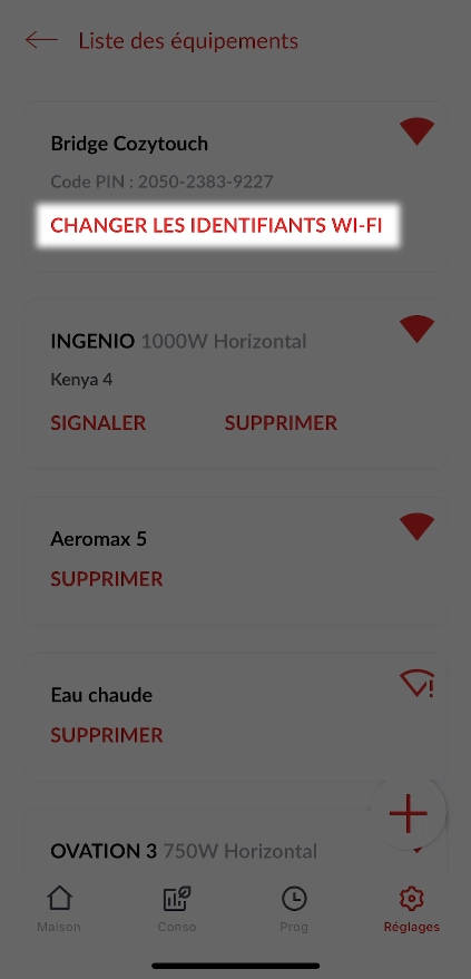 Ecran de l'application mobile Cozytouch - changer les identifiants wifi
