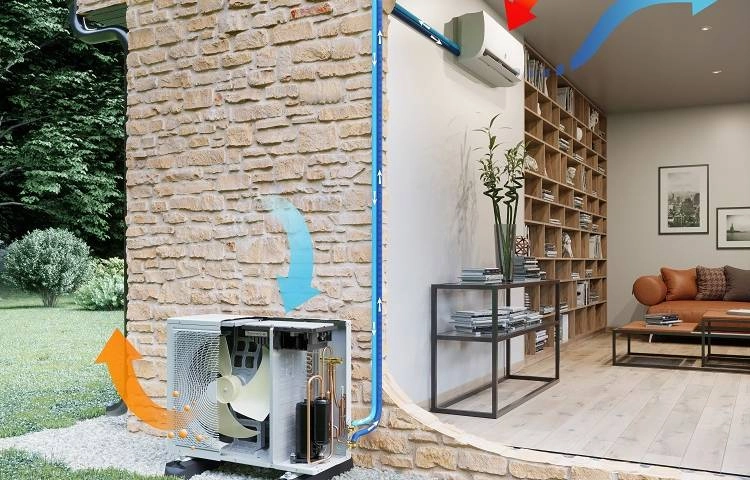 Sch&eacute;ma de fonctionnement d'une pompe &agrave; chaleur air-air en mode froid