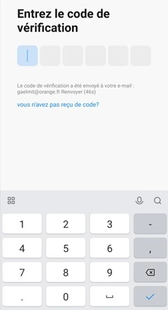 Ecran de l'application mobile Intelligent Air - Saisir le code de v&eacute;rification