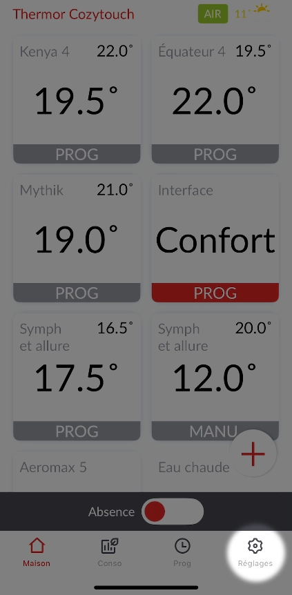 Ecran de l'application mobile Cozytouch - r&eacute;glages
