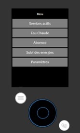 Interface digitale de la pompe &agrave; chaleur Aur&eacute;a - menu / services actifs / eau chaude / absence / suivi des &eacute;nergies / param&egrave;tres