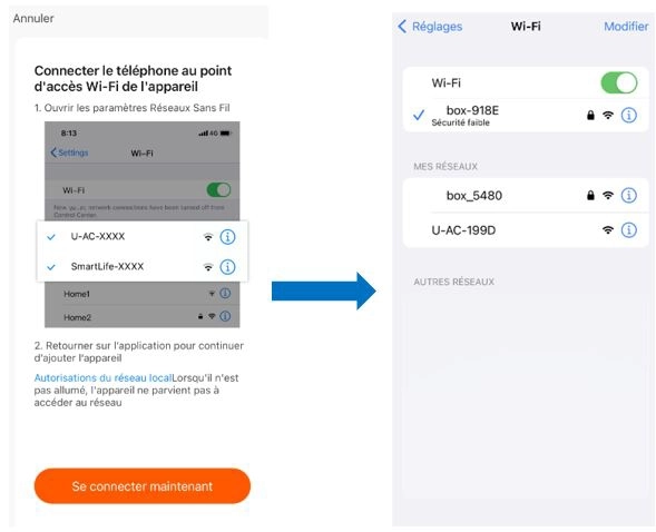 Ecrans de l'application mobile Intelligent Air - S&eacute;lection du r&eacute;seau wifi
