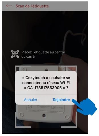 Ecran de l'application mobile Cozytouch - Rejoindre le r&eacute;seau wifi