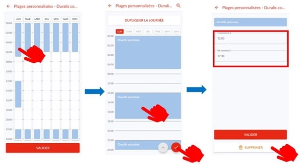 Ecran de l'application mobile Cozytouch - plages personnalis&eacute;es / 3 &eacute;crans