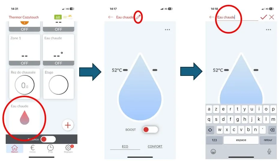 Ecran de l'application mobile Cozytouch