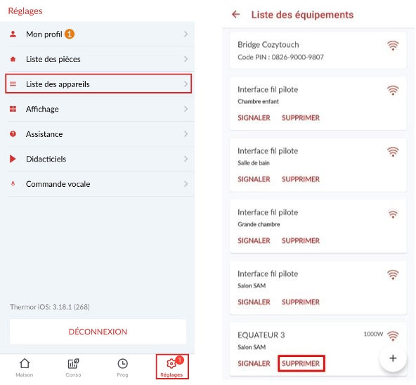 Ecran de l'application mobile Cozytouch