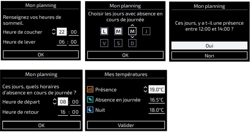 5 interfaces de radiateur &eacute;lectrique - Mon planning : renseignez vos heures de sommeil / choisir les jours avec absence en cours de journ&eacute;e / ces jours, y a-t-il une pr&eacute;sence entre 12:00 et 14:00? / Ces jours, quels horaires d'absence en journ&eacute;e ? / Mes temp&eacute;ratures