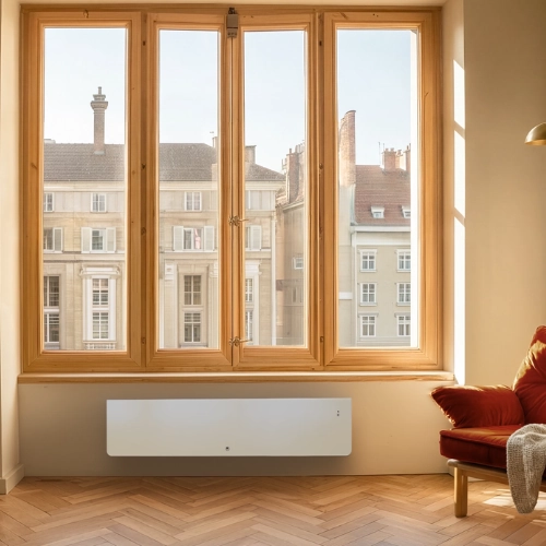 Radiateur Equateur 4 plinthe sous une fen&ecirc;tre dans un salon