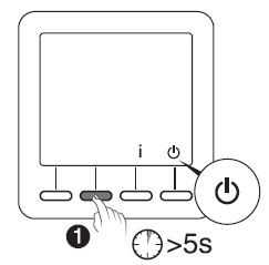 Sch&eacute;ma du thermostat d'ambiance Moza&iuml;k - appuyer 5 secondes sur le deuxi&egrave;me bouton