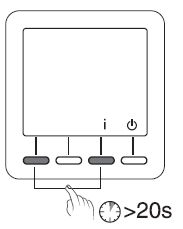 Sch&eacute;ma du thermostat d'ambiance Moza&iuml;k - Appuyer sur le premier et le troisi&egrave;me bouton 20 secondes