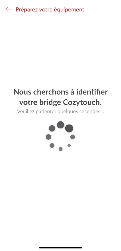 Ecran de l'application mobile Cozytouch - recherche en cours