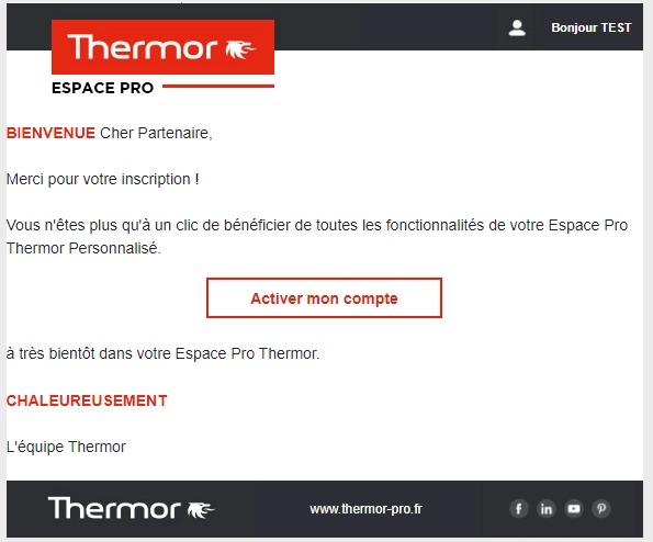 Capture du mail d'activation Thermor Pro