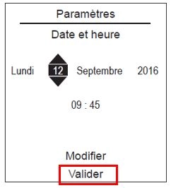 Ecran de l'nterface de la pompe &agrave; chaleur air/eau A&eacute;rolia - param&egrave;tres date/heure / valider