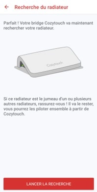 Ecran de l'application mobile Cozytouch - recherche du radiateur avec le Bridge 1