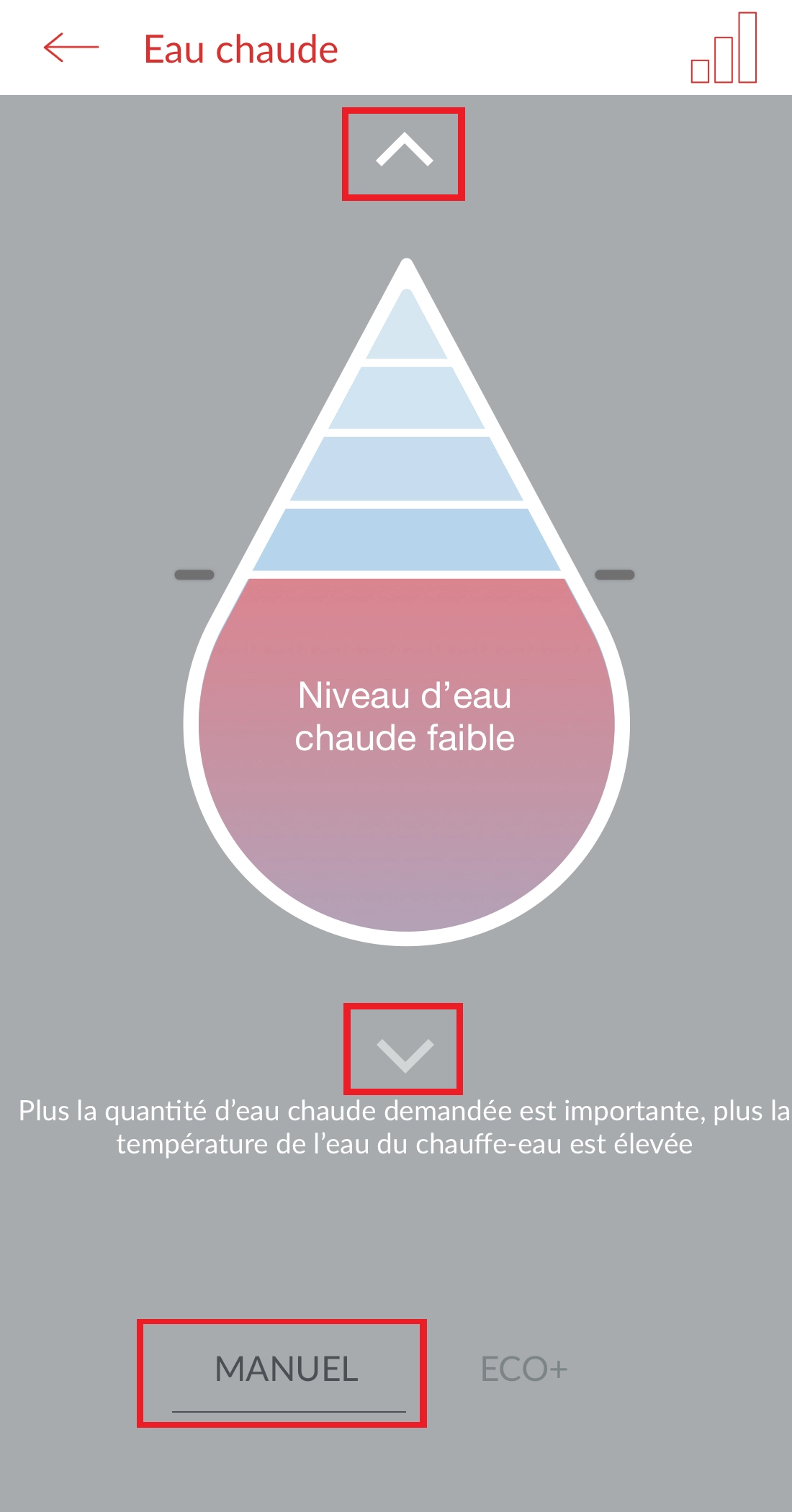 Ecran de l'application mobile Cozytouch - Mode manuel