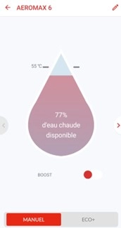 Ecran de l'application mobile Cozytouch - A&eacute;romax 6 /77% d'eau chaude disponible / mode manuel