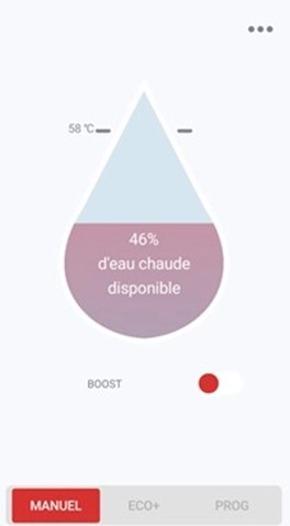 Ecran de l'application mobile Cozytouch - 46% d'eau chaude disponible / mode manuel