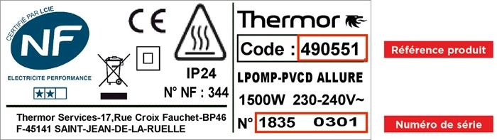 Etiquette avec les r&eacute;f&eacute;rences d'un radiateur &eacute;lectrique Thermor