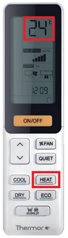 T&eacute;l&eacute;commande de la pompe &agrave; chaleur air/air Nagano - Bouton Heat 24&deg;C