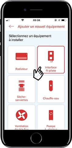 Ecran de l'application mobile Cozytouch - S&eacute;lectionner interface fil pilote
